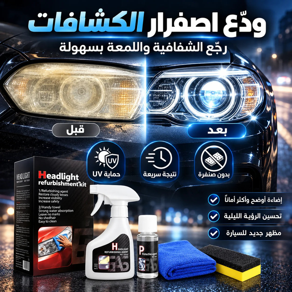 طقم استعادة وتجديد كشافات السيارة بدون صنفرة + حماية UV