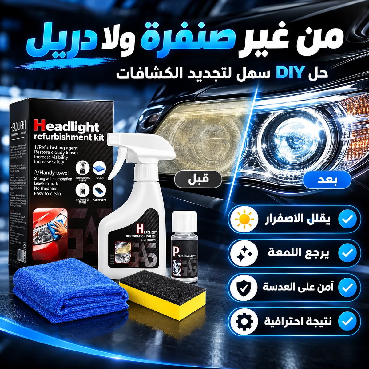 طقم استعادة وتجديد كشافات السيارة بدون صنفرة + حماية UV
