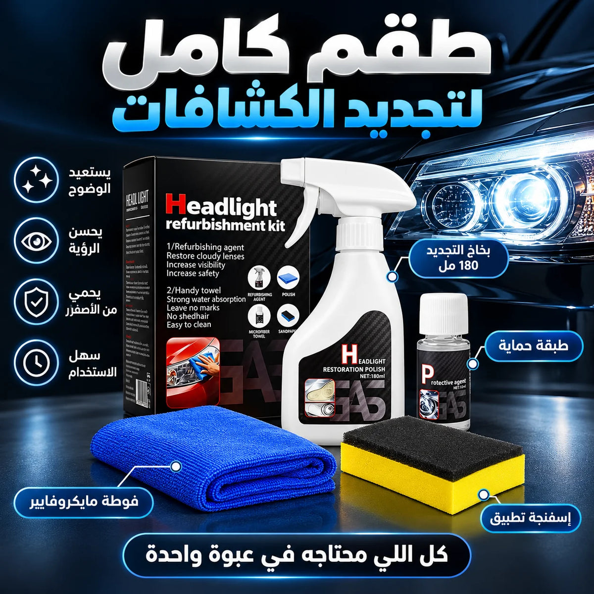 طقم استعادة وتجديد كشافات السيارة بدون صنفرة + حماية UV