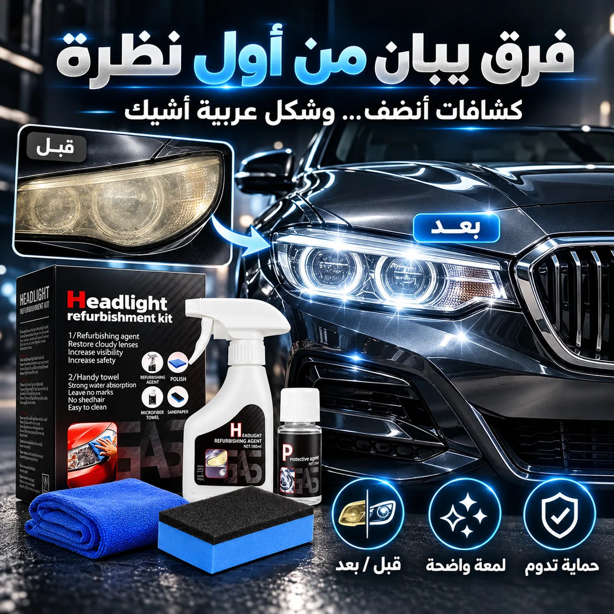 طقم استعادة وتجديد كشافات السيارة بدون صنفرة + حماية UV